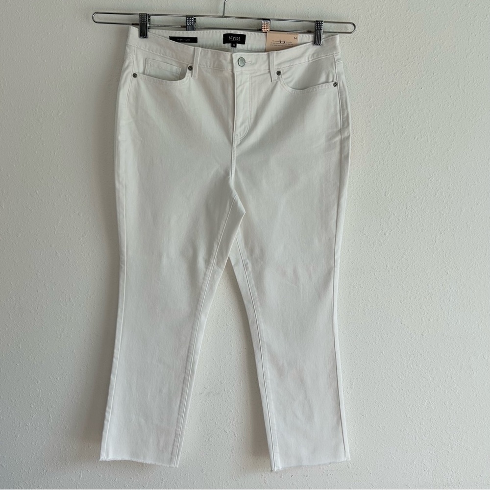 NYDJ Sheri Slim Jeans Women's Size 14 White Stretch Denim Ankle Frayed Hem